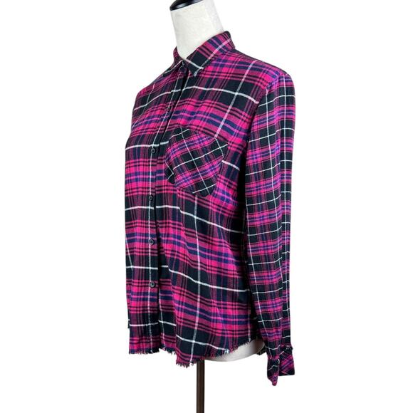 Rails Brock Fuschia Navy Black Plaid Flannel Frayed Long Sleeve Button Up Top - Picture 5 of 15